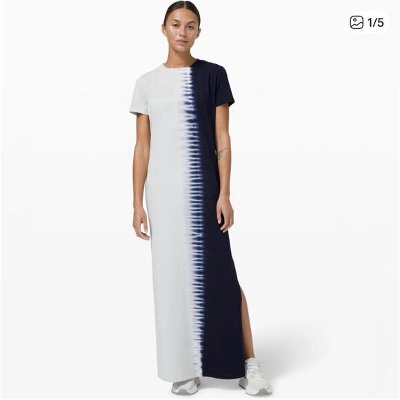 lululemon athletica Dresses & Skirts - Lululemon La Relaxed Maxi Dress Size 4 Blue Gray Tie Dye Short Sleeve Long Comfy